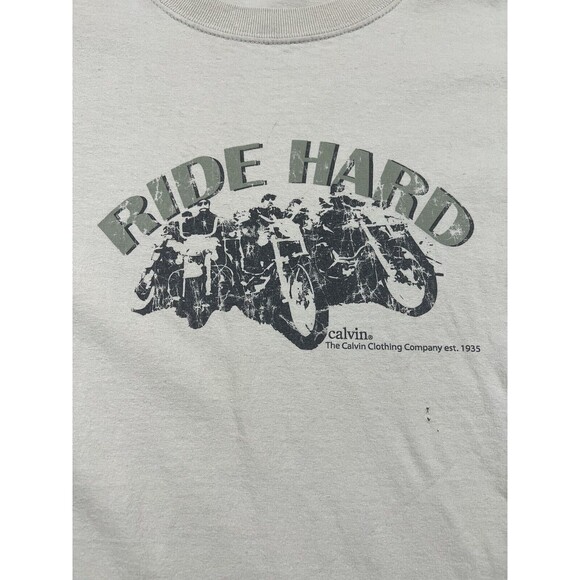 90s Calvin Klein Ride Hard Shirt Short Sleeve Tee Motorcycle | Cream | Size XL - Picture 3 of 10